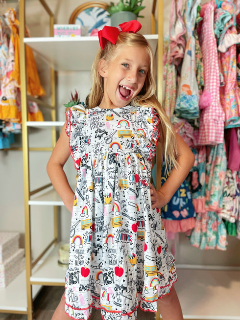 Bowtism Girls School Talk Ruffled Lace Dress with Matching Bow - Bowtism